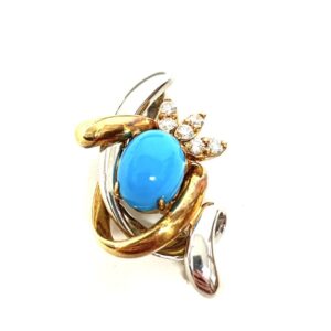 K18/Pt900ターコイズ メレダイヤ付きブローチ